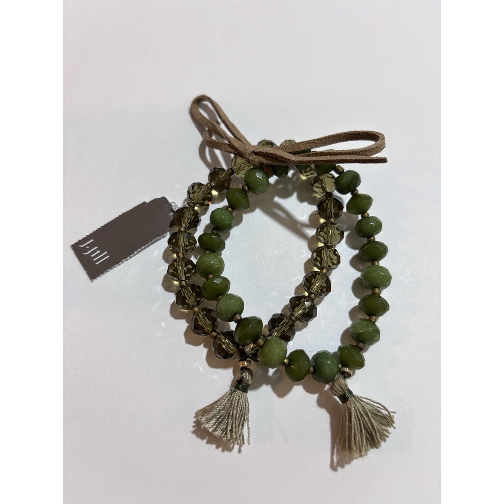 J.Jill Bracelet Set Green Smoky Crystal Beads Tassels Stretch Boho NWT $39